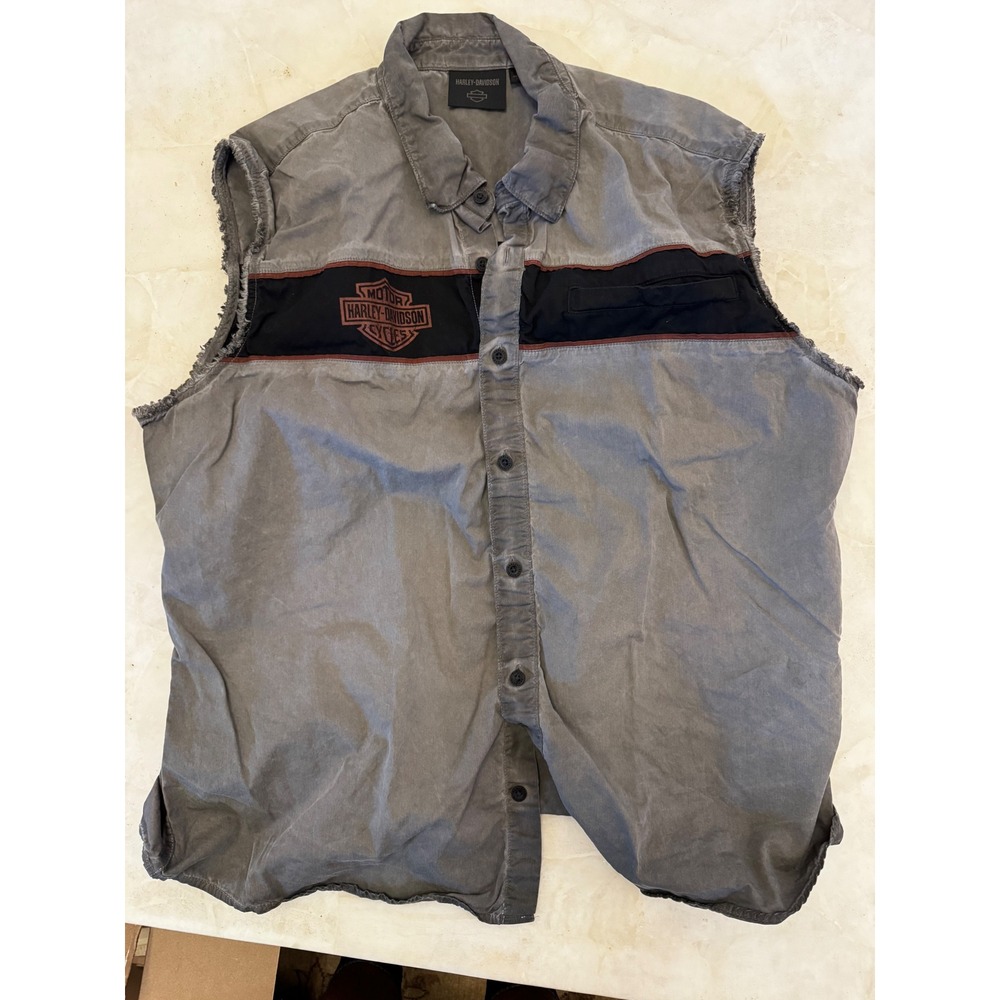 Harley-Davidson Mens 2XL Gray Sleeveless Button Down Biker Shirt Frayed Logo